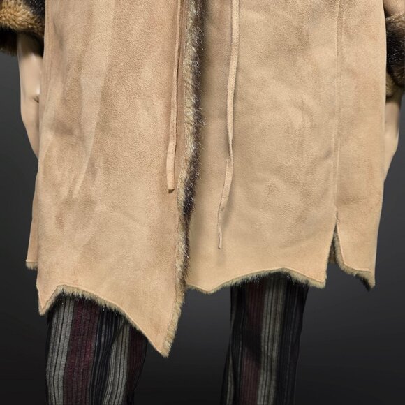 Y2K Penny Lane Coat Size M Boho Beige Faux Suede Brown Faux Fur Mid Length - Picture 3 of 13